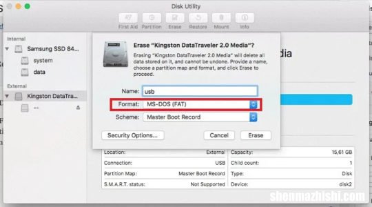 macOS：如何将 USB 闪存驱动器格式化为 FAT32