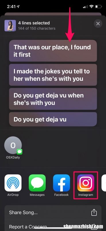 使用Apple Music将歌词发布到Instagram快拍