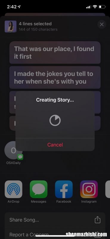 使用Apple Music将歌词发布到Instagram快拍