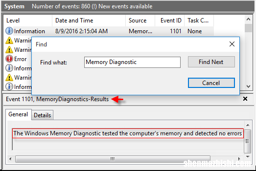 在Windows10中查找内存诊断的事件查看器日志