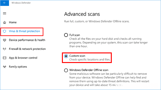 在Win10中使用Windows Defender安全中心运行扫描