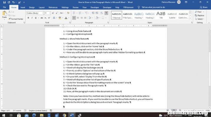 如何在Microsoft Word中显示或隐藏段落标记