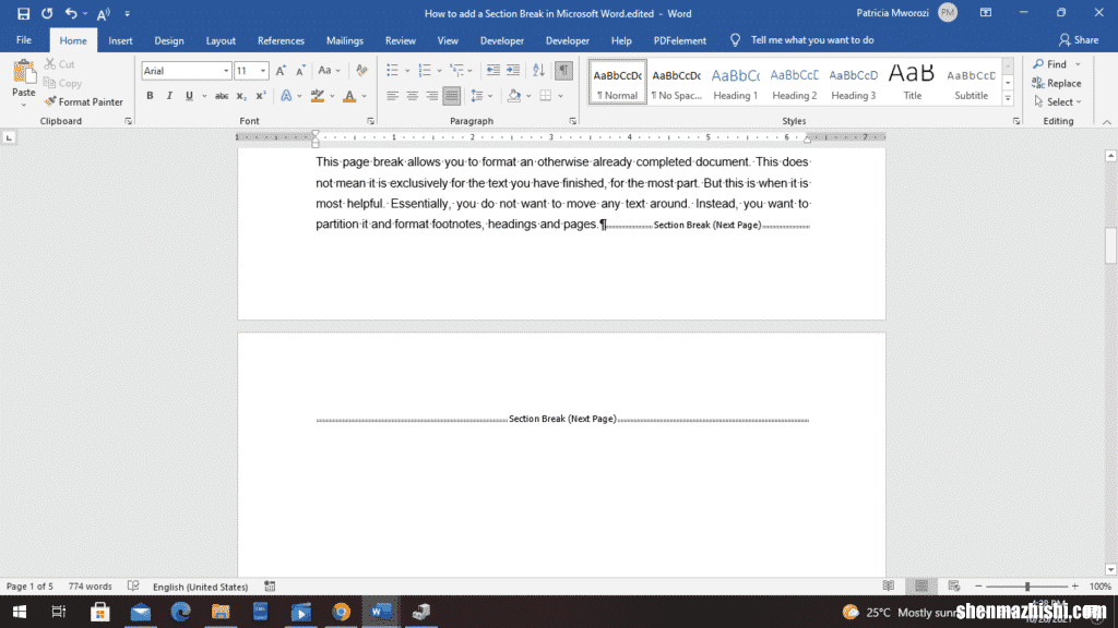 如何在Microsoft Word中显示或隐藏分节符