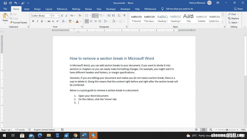 如何删除Microsoft Word中的分节符