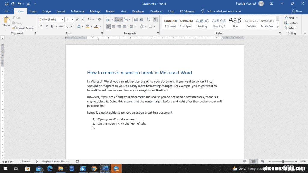 如何删除Microsoft Word中的分节符
