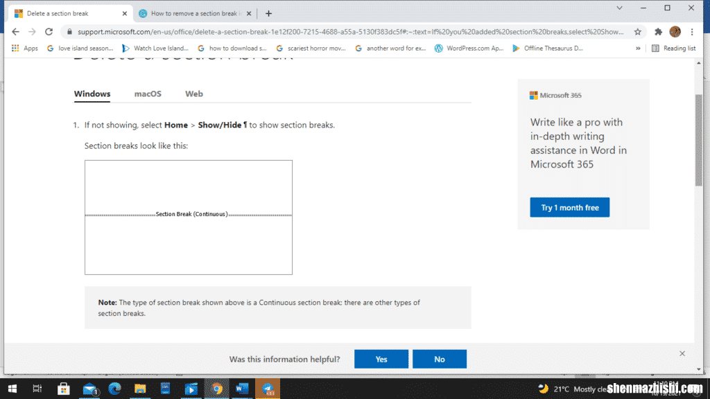 如何删除Microsoft Word中的分节符