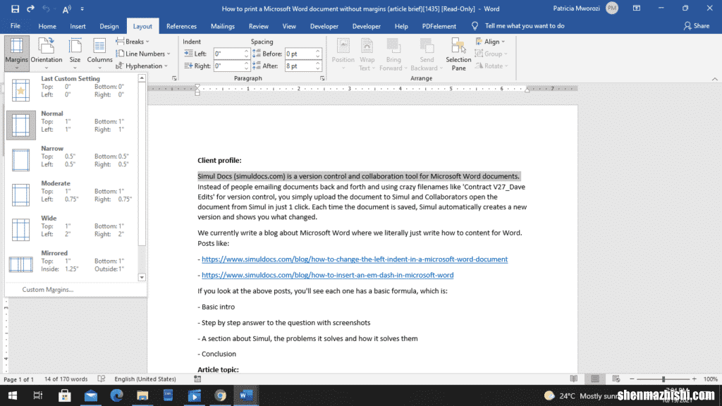 如何打印没有边距的Microsoft Word文档