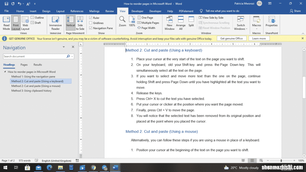 如何在Microsoft Word中重新排序页面