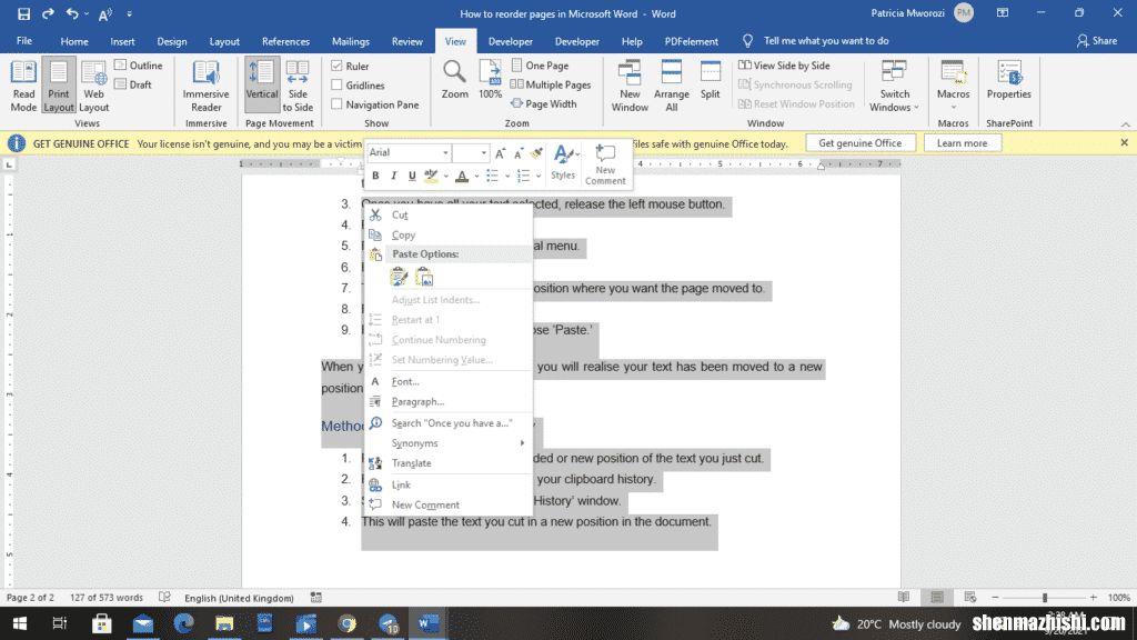 如何在Microsoft Word中重新排序页面